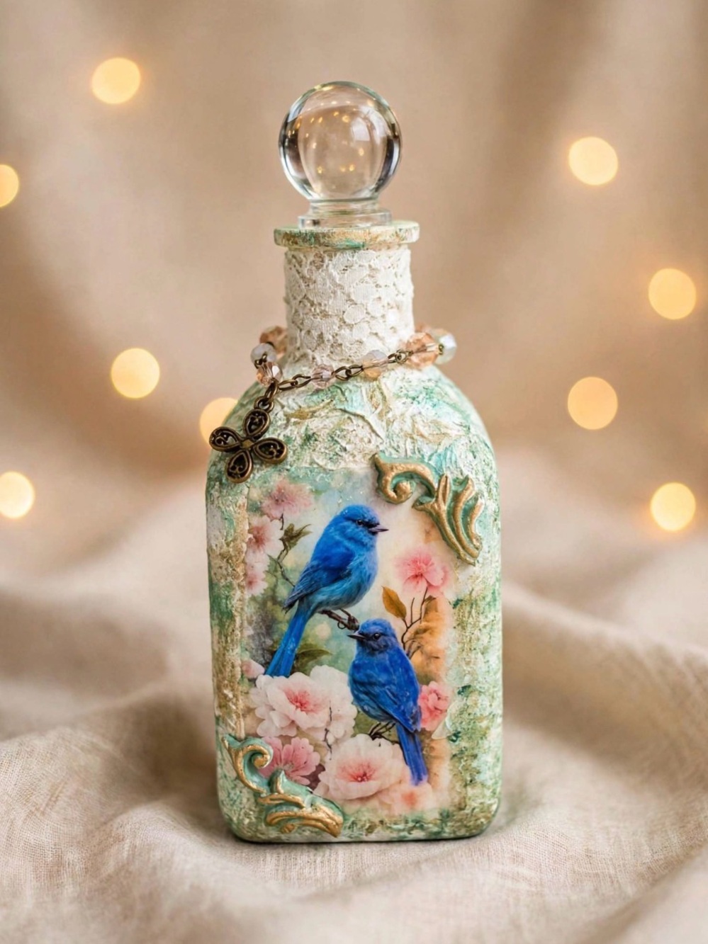 Hand-Painted Decorative Bottle with Blue Bird Motif